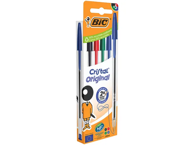 Balpen Bic Cristal medium assorti blister à 5 stuks
