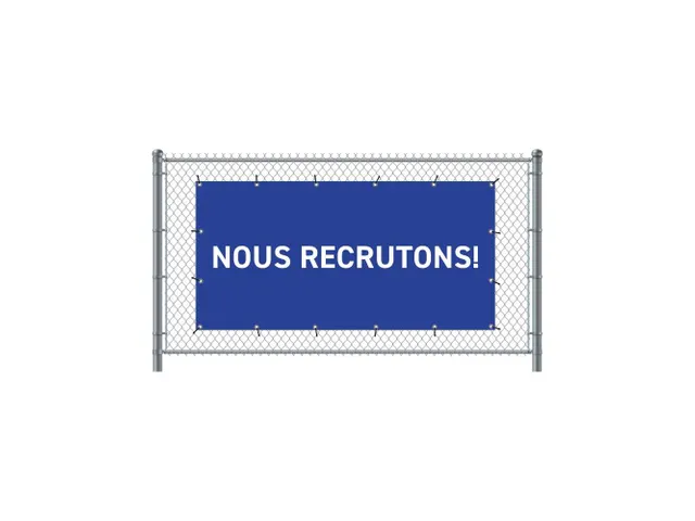 Hekwerkbanner 200x100 cm Blauw met Franstalige Print Nous Recrutons