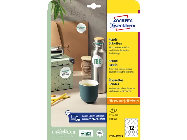 Etiket Avery L7104REV-25 rond 60mm wit 300 stuks 25 vel