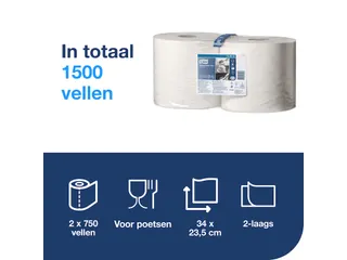 Poetsrol Tork W1 130041 2-laags 23,5cmx255m 2 rollen wit - 7