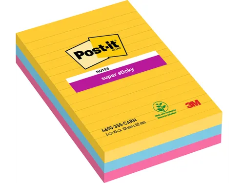 Memoblok 3M Post-it 4690 Super Sticky 101x152mm lijn Rio Assorti