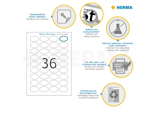 HERMA 4380 Verwijderbare etiketten A4 Ovaal 40,6x25,4mm Wit 900 stuks