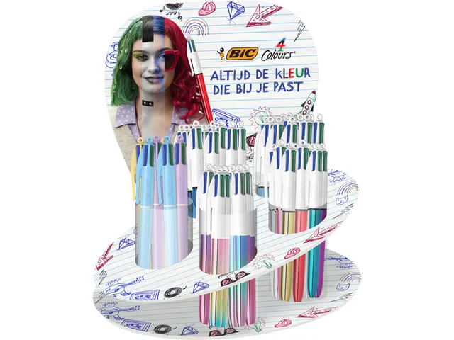 Balpen Bic 4kleuren medium assorti display à 60 stuks