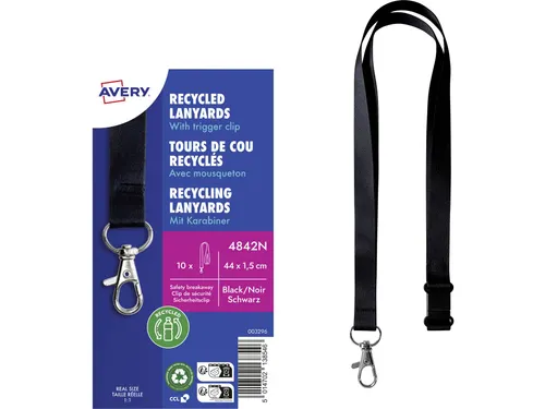 Lanyard Avery rPET zwart 440x15mm met karabijnhaak 10 stuks