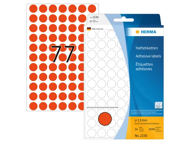 HERMA 2236 Multipurpose etiketten Rond 13mm Fluor Rood 1848 stuks