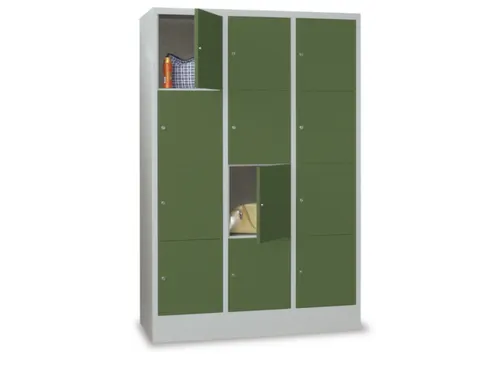 lockerkast,HxBxD 1850x1200x500mm,3x4vakken,RAL7035,front RAL6011