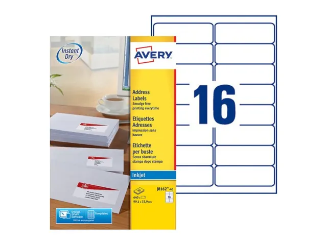 Adresetiket Avery J8162-40 99.1x33.9mm Inkjet wit 640 stuks