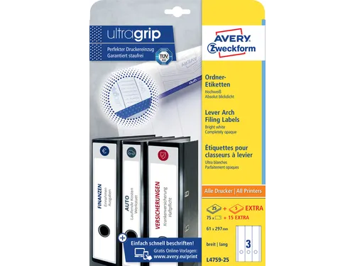 Rugetiket Avery Zweckform Breed/lang 297x61mm Wit L4759 90 stuks