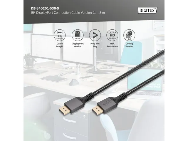 Câble de connexion DisplayPort Premium type DP 1.4 M/M 3m UHD 8K Noir