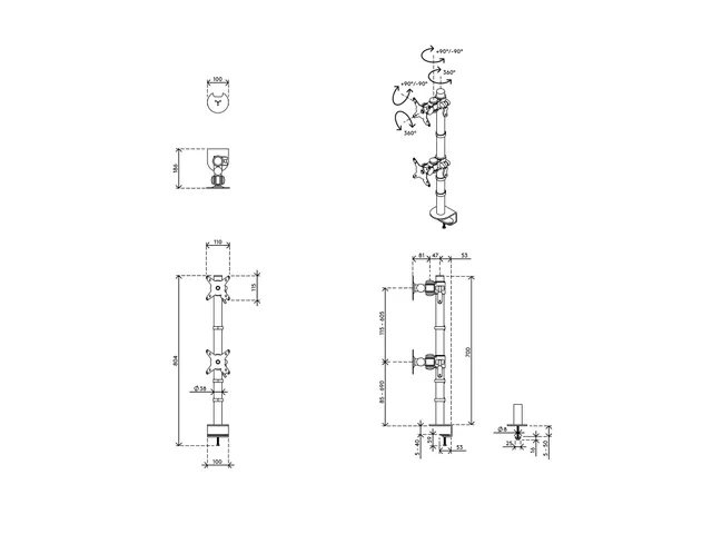 Bras support vertical 2 écrans bureau Viewmate Style 672 Argent