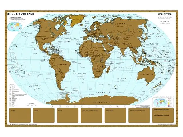 Wereldkaart Naga 67x97cm krasbaar goud
