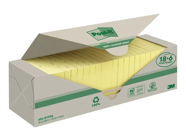 Memoblok 3M Post-it 654 76x76mm recycle geel 18 + 6 gratis