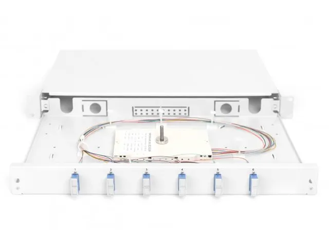 FO-lasbox 1U uitgerust,6x SC DX OS2 incl. lascassette gekleurde pigtai