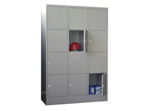 lockerkast,HxBxD 1850x1200x500mm,3x4vakken,RAL7035,front RAL3000