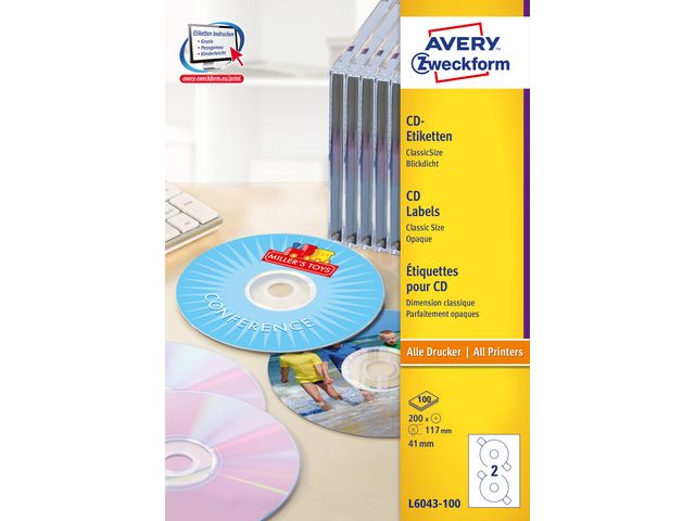 CD etiket Avery 117mm classic size 100 vel 2 etiketten per vel wit | AveryEtiketten.be