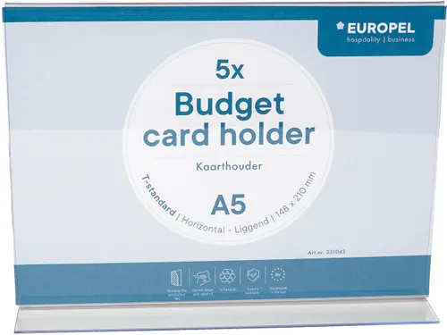 Kaarthouder Budget T-Standaard A5 1,5 Mm Liggend Acryl set van 5 stuks