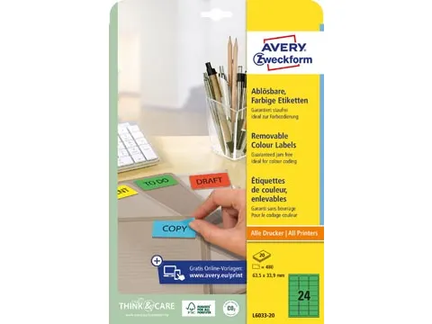 Avery Zweckform Gekleurde Afneembare Etiketten 63.5x33.9mm Groen