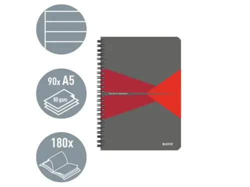 Notitieboek Leitz Office A5 lijn 180pag grijs rood