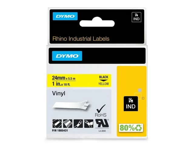 Labeltape Dymo Rhino industrieel vinyl 24mm zwart op geel