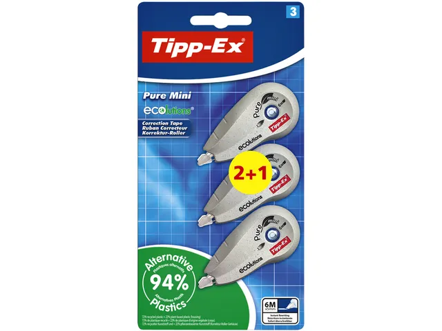 Correctietape Tipp-Ex mini pure ecolutions 5mmx6m blister 2+1 gratis