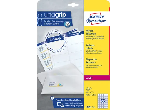 Etiket Avery L7651-25 38.1x21.2mm Laserprinter Wit 1625 stuks