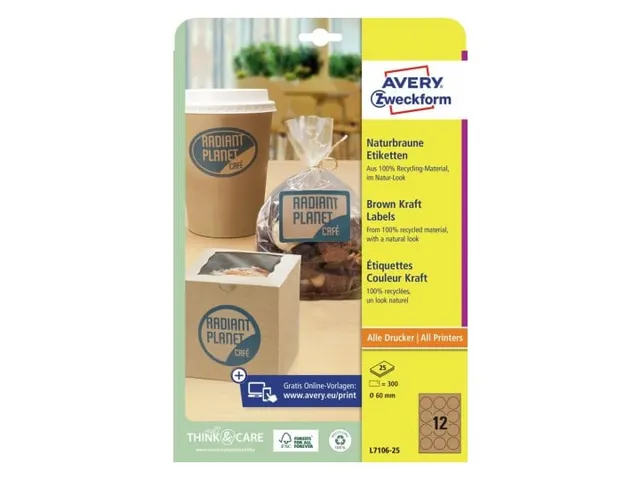 Etiket Avery L7106-25 permanent rond 60mm kraft 300 stuks 25 vel