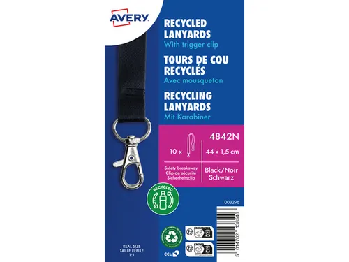 Lanyard Avery rPET zwart 440x15mm met karabijnhaak 10 stuks