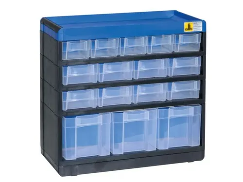 magazijnkast HxBxD 285x300x135mm 16laden behuizing zwart/blauw