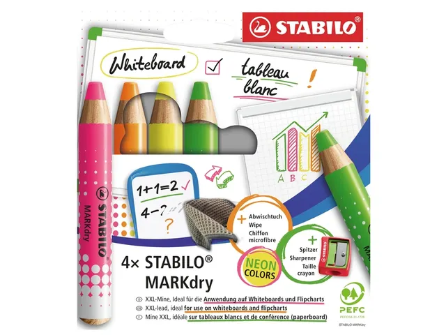 Whiteboardpotlood STABILO MARKdry 4 stuks neon kleuren