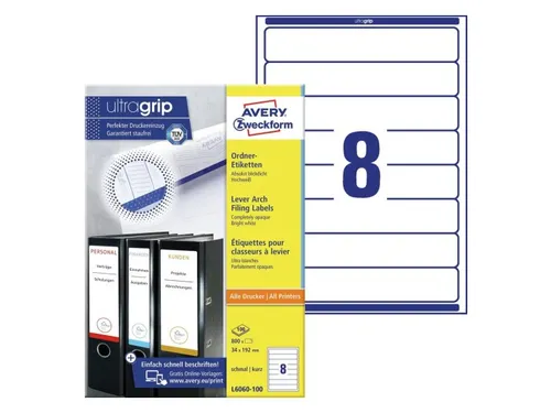 Rugetiket Avery Zweckform smal 192x34mm Wit L6060 800 stuks
