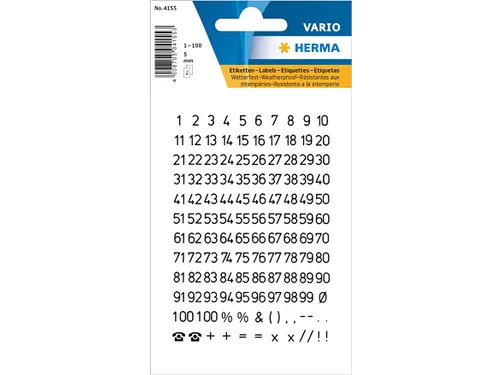 Etiket Herma 4155 5mm Getallen 1-100 Zwart op Transparant 250 stuks