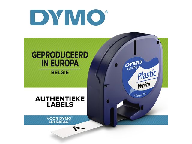 Labeltape Dymo Letratag 91201 plastic 12mm zwart op wit S0721660 | DymoEtiket.be