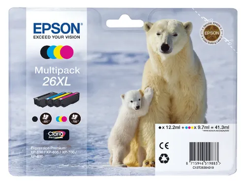 Epson T2636 Inktcartridges Zwart + 3 Kleuren Hoge Capaciteit