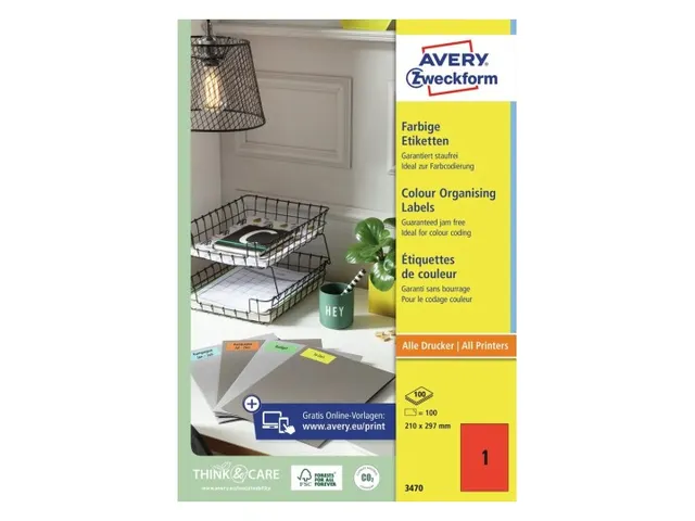 Gekleurde Etiketten Avery Zweckform 210x297mm A4 Rood 100 stuks