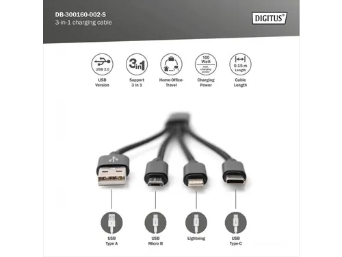 USB-oplaadkabel 0,15m 3-in-1 Kabel Nylon Gevlochten Zwart
