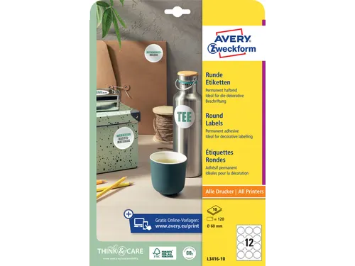 Etiket Avery L3416-10 rond 60mm wit 120stuks