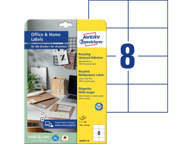 Etiket Avery Zweckform LR3427-10 105x74 mm recycled Wit 80 stuks