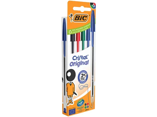 Balpen Bic Cristal medium assorti blister à 5 stuks
