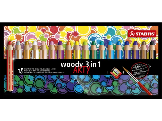 Kleurpotloden STABILO 880 woody 3 in 1 Arty + slijper+penseel ass 18st