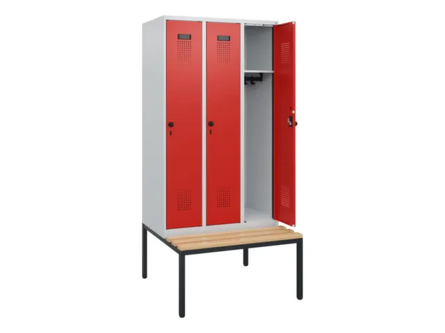 locker met bank,HxBxD 1950x900x815mm,3vak,vak B 300mm,draaigrendel
