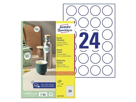 Etiket Avery L3415-10 rond 40mm wit 240stuks