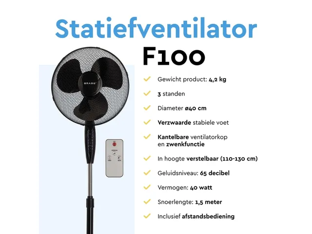 Statiefventilator BRASQ met remote Ø 40cm zwart