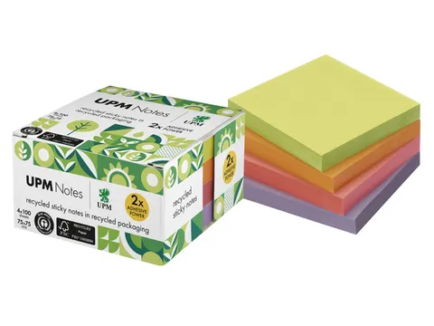 Sticky notes UPM recycled 75x75mm assorti blok 100 vel, doos 4x blok