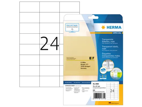 HERMA 4685 Transparante folie-etiketten Mat A4 70x37mm 600 stuks