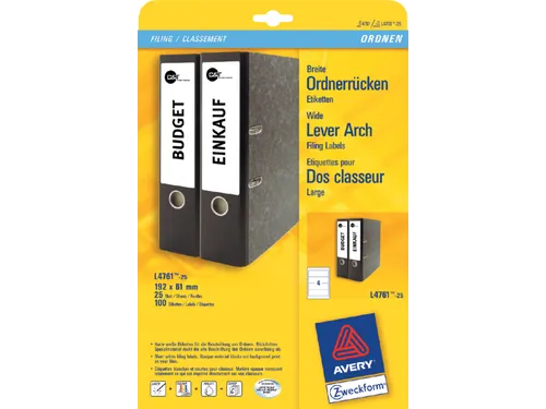 Avery L4761-25 Rugetiket 61x192mm Zelfklevend Wit 100 stuks