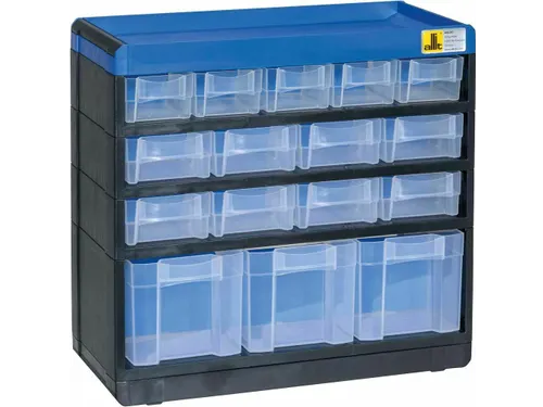 magazijnkast HxBxD 285x300x135mm 16laden behuizing zwart/blauw