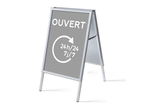 Stoepbord A1 complete set met print 'Ouvert 24h/24 7j/7' Grijs
