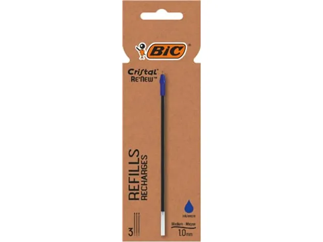 Cristal Re-New recharge stylo bille, medium, 3 p, bleu