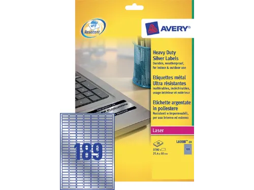 Inventaris etiketten Avery L6008-20 25.4x10mm Zilver 3780 stuks