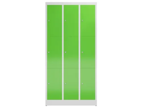 Lockerkast 1800x870x500mm 3x3 vakken cilinderslot, sokkel, RAL6018